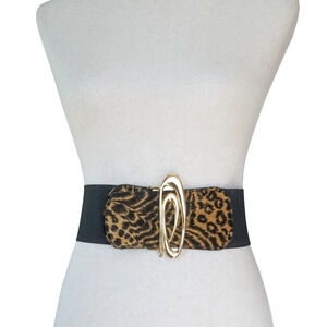 VTG 80s Wide Elastic Faux Leopard Fur Cinch Waist Belt Retro Mob Wife Statement